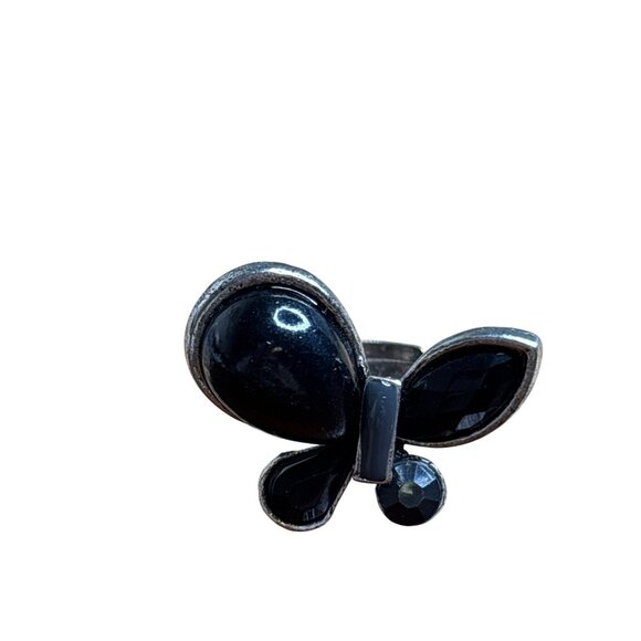 Adjustable Butterfly Ring Black Cabochons Rhinestones Grey Enamel Silvertone - Picture 1 of 3